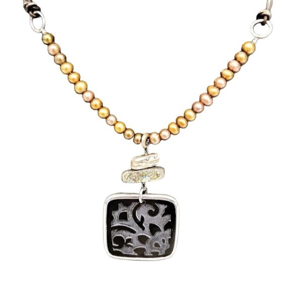 Silpada 925 Sterling Silver Gold Pearl Abalone Pendant Necklace 18" Leather - Picture 10 of 10